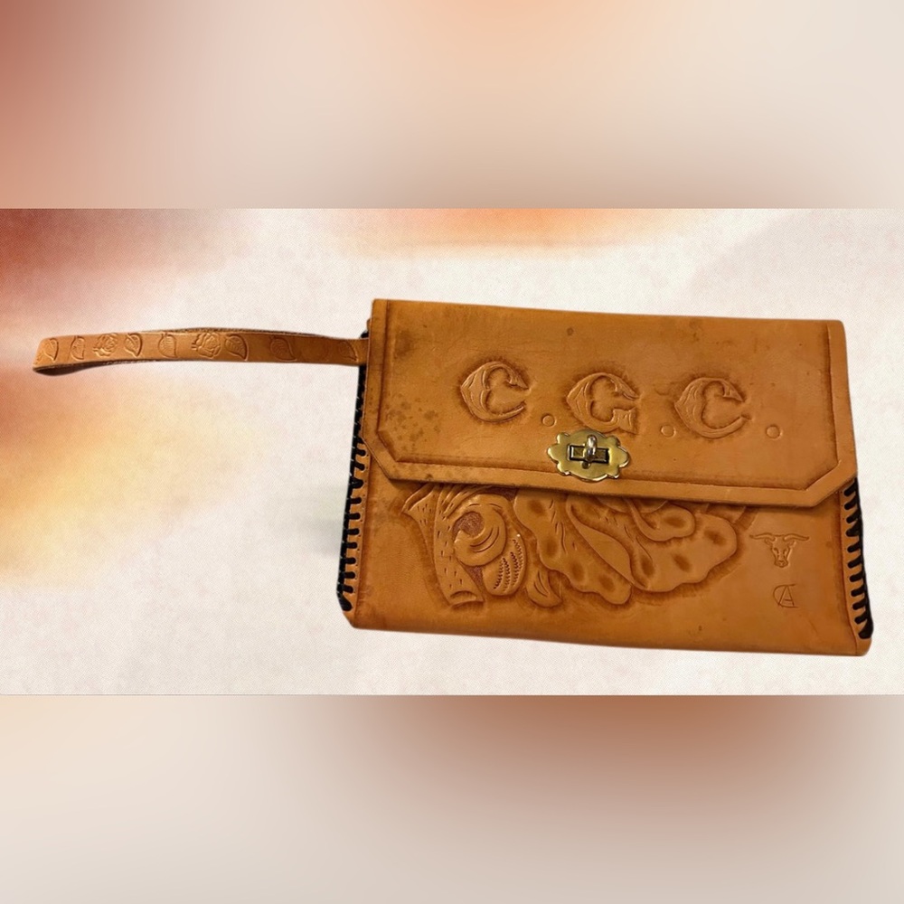 Vintage Hand Tooled Leather Wristlet/Clutch-Mexican Floral Folk art Leatherwork